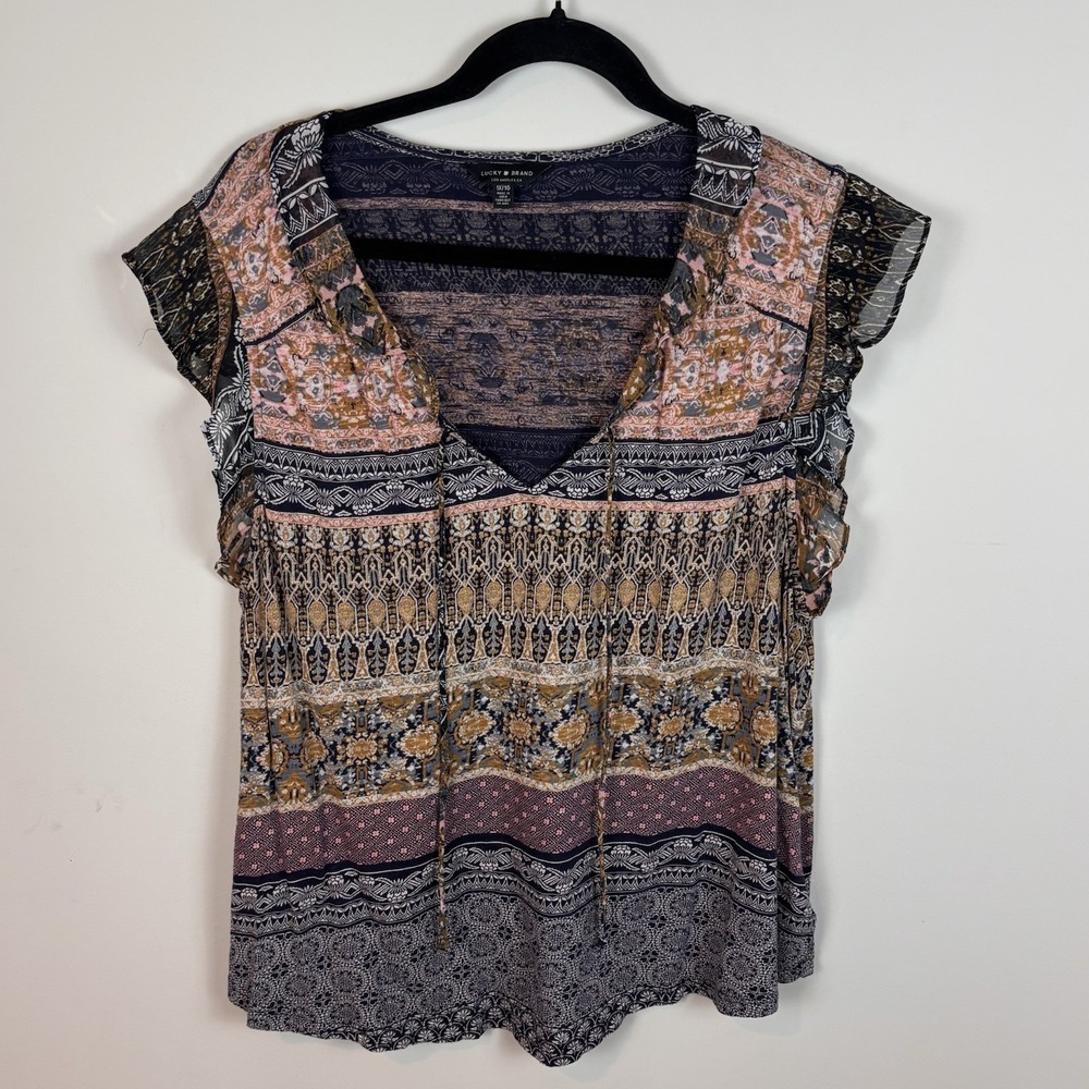 Lucky Brand Women's Mixed Pattern Floral Boho Peasant Tassel Top SZ 1X Comfort